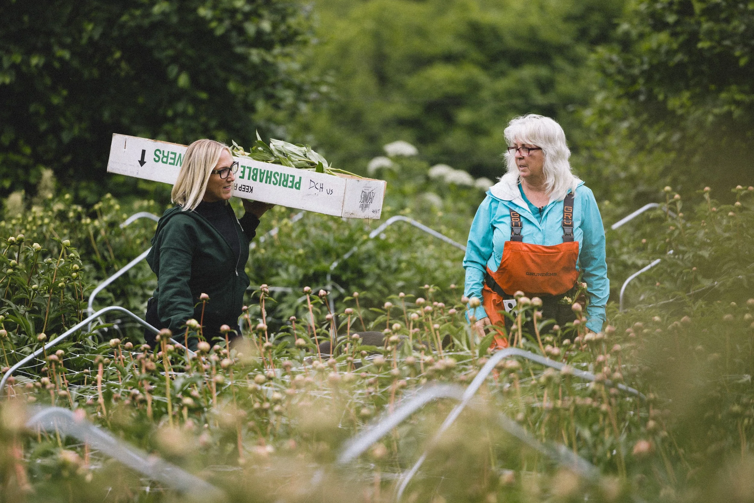 Two women in a greenhouse or farm, one carrying a sign that reads 'PERISHABLE' and the other wearing a bright orange apron over a blue jacket, surrounded by plants and greenery.
