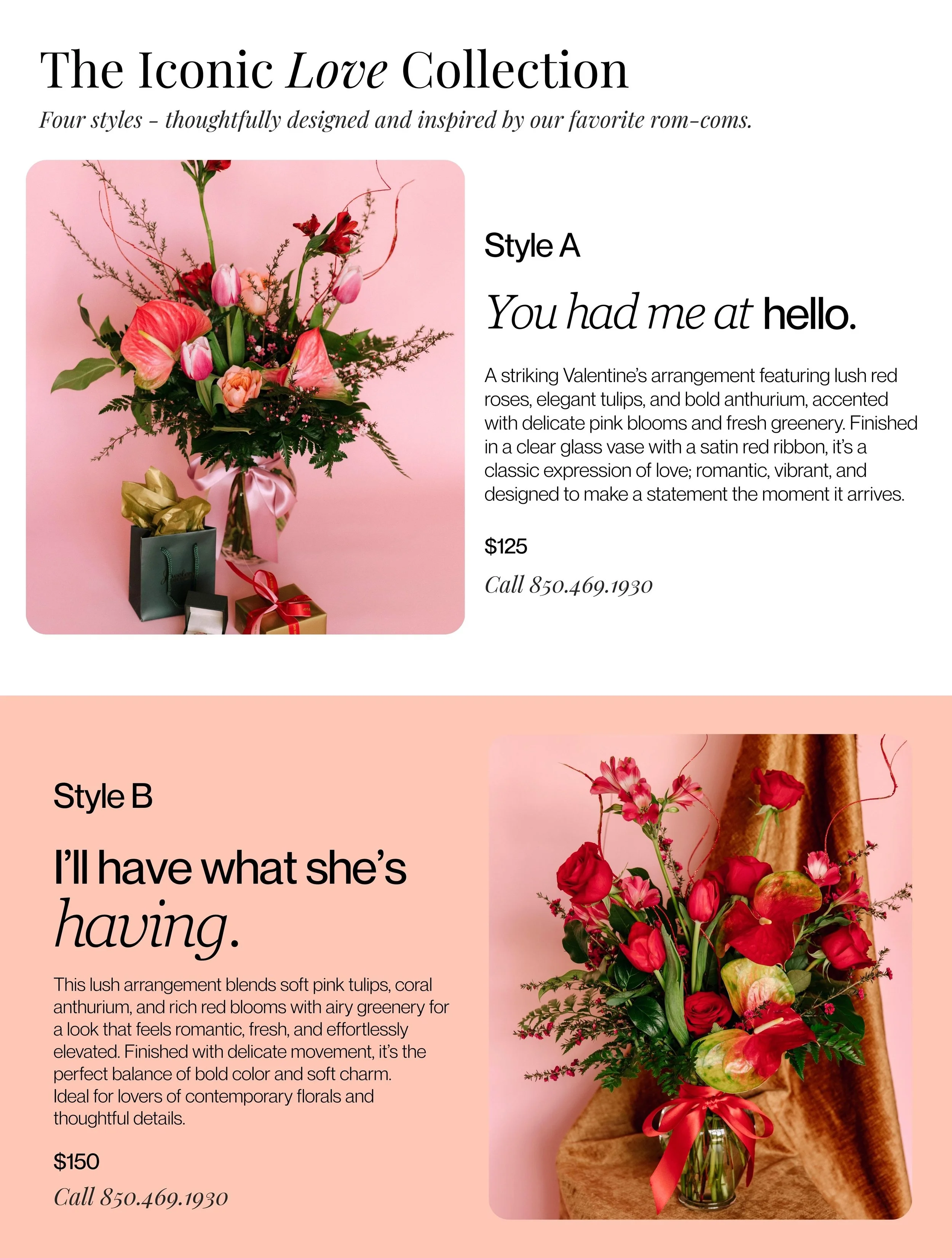The image displays a floral gift catalog titled 'The Iconic Love Collection' with four flower arrangement styles inspired by romantic themes. Style A features a pink and red floral bouquet with pink roses, tulips, and anthurium, priced at $125. Style B showcases a lush arrangement with pink tulips, coral anthurium, and red blooms, priced at $150. Each style is accompanied by descriptive text and contact information.