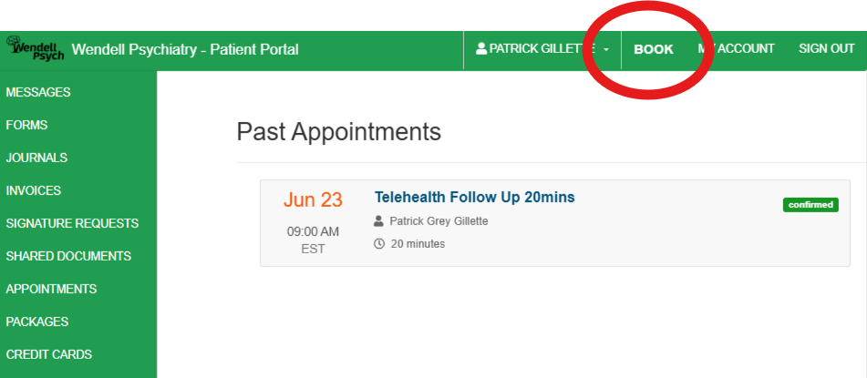 Screenshot of the Wendell Psychiatry patient portal showing past appointment details and navigation menu, with the 'Book' option circled in red.