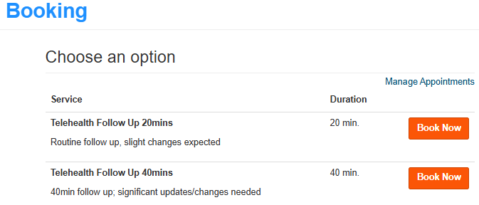 Online booking page with options for telehealth follow-up appointments, including 20-minute and 40-minute sessions, and orange 'Book Now' buttons.
