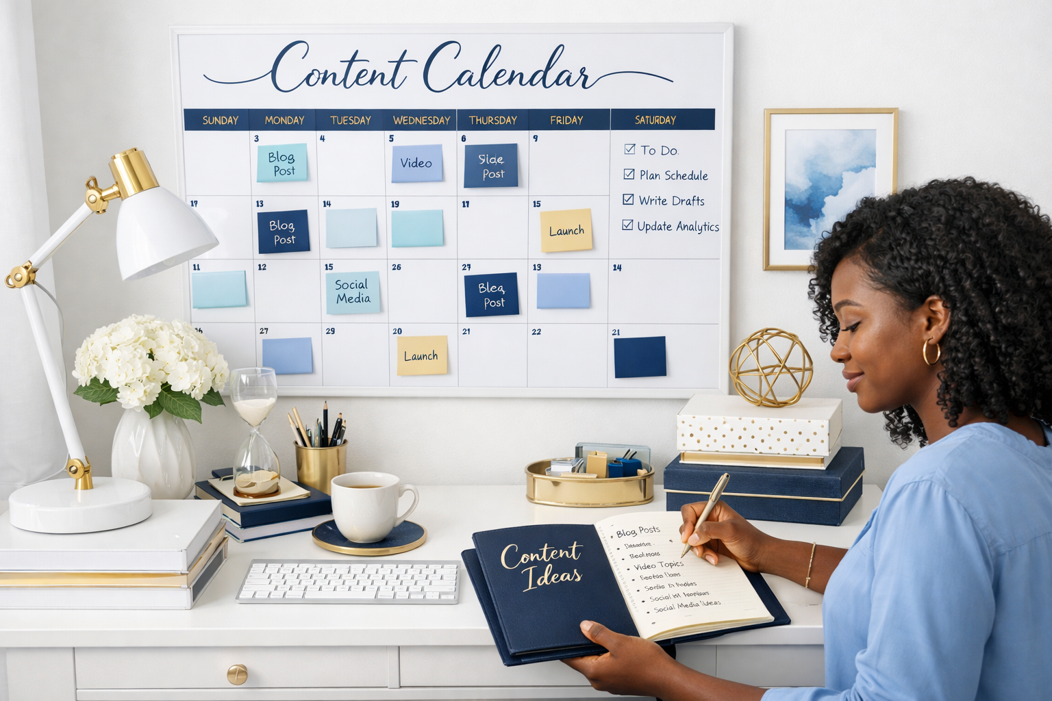A woman sitting at a white desk writing in a navy notebook labeled 'Content Ideas.' Behind her, a large content calendar on the wall displays various scheduled tasks for the week, including blog posts, videos, and launches. The desk has a white flower vase, a glass of milk, books, a white cup with coffee, and office supplies, with a white and gold color theme.