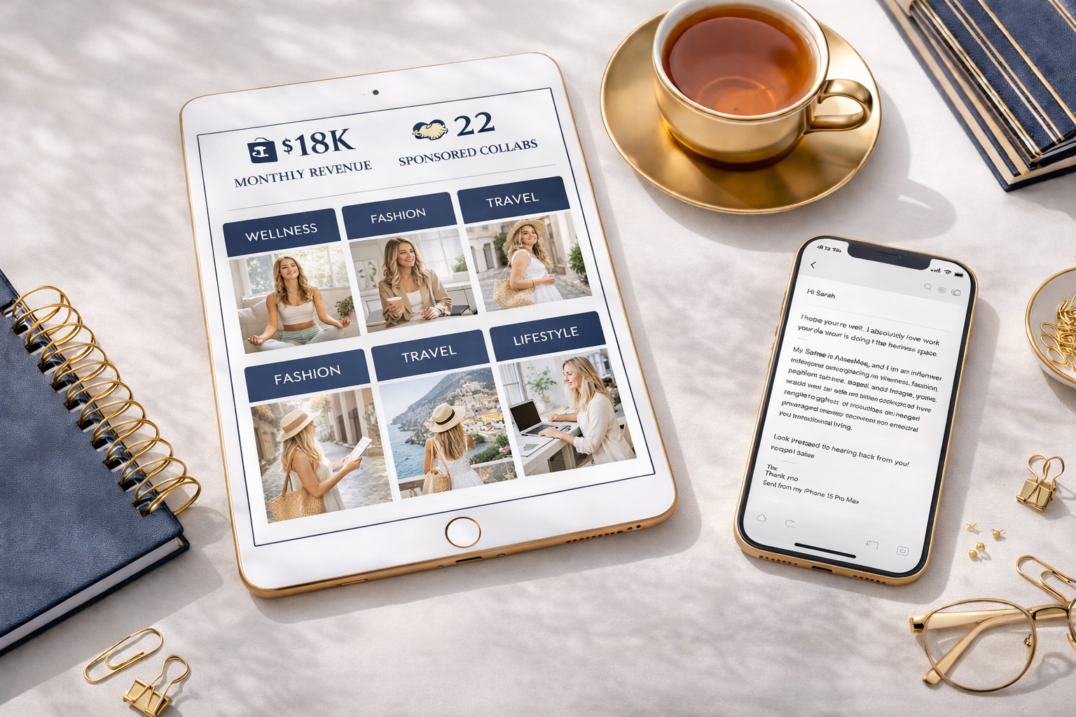 A tablet displaying a lifestyle blog with categories Wellness, Fashion, Travel, and Lifestyle, featuring photos of women, next to a smartphone with an email open. Also on the table are a gold cup with tea on a gold saucer, notebooks, gold paper clips, a gold binder clip, and a pair of sunglasses.