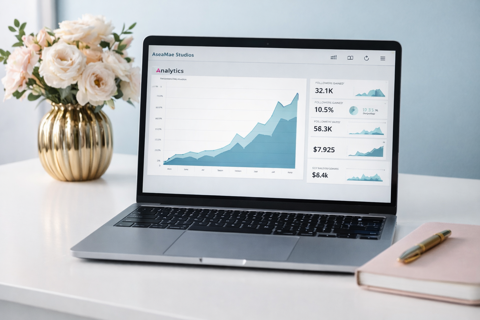Laptop on white desk displaying analytics graph with a flower vase and pink notebook with pen nearby.