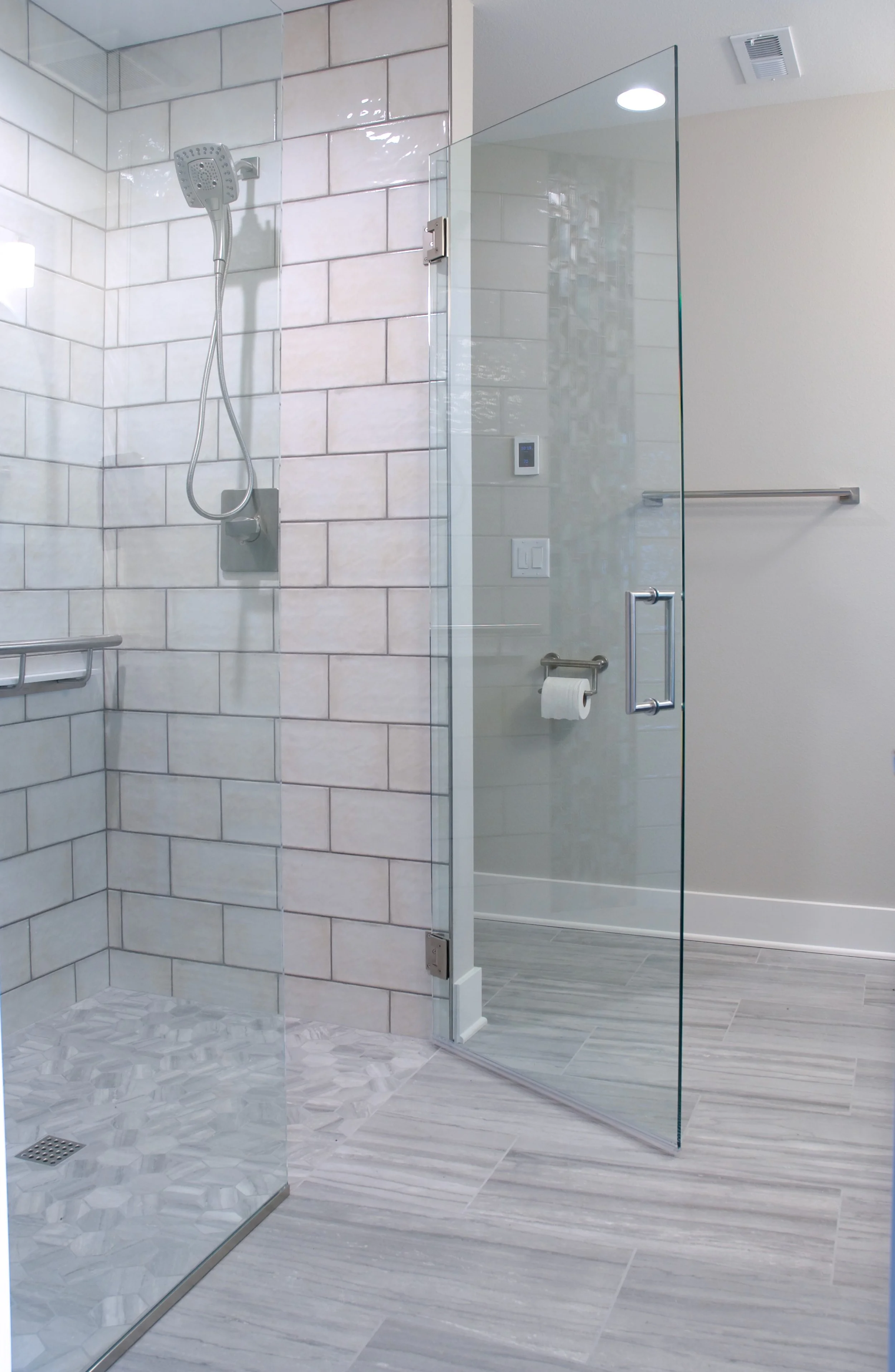 white tile shower 