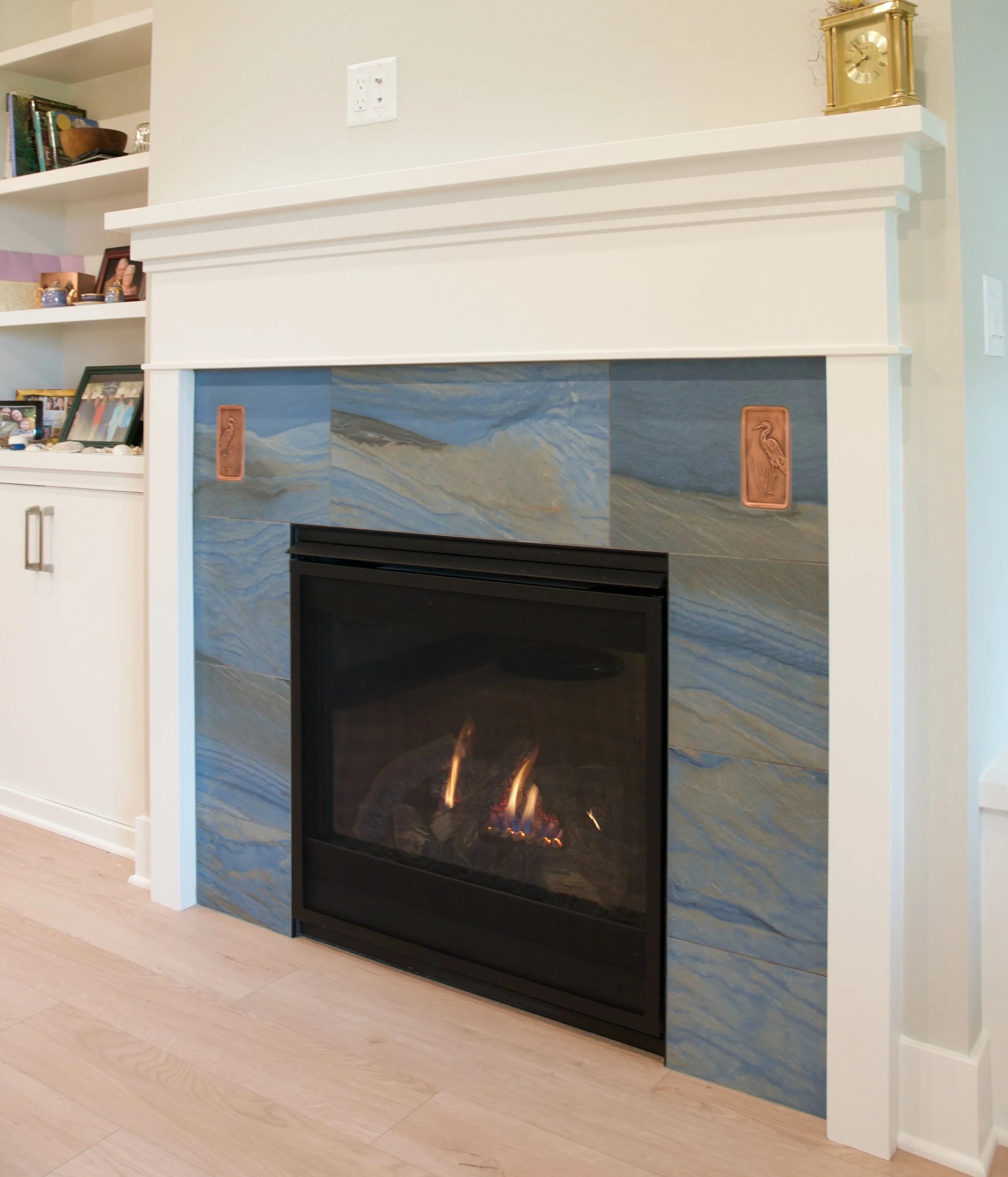 Blue tile fireplace
