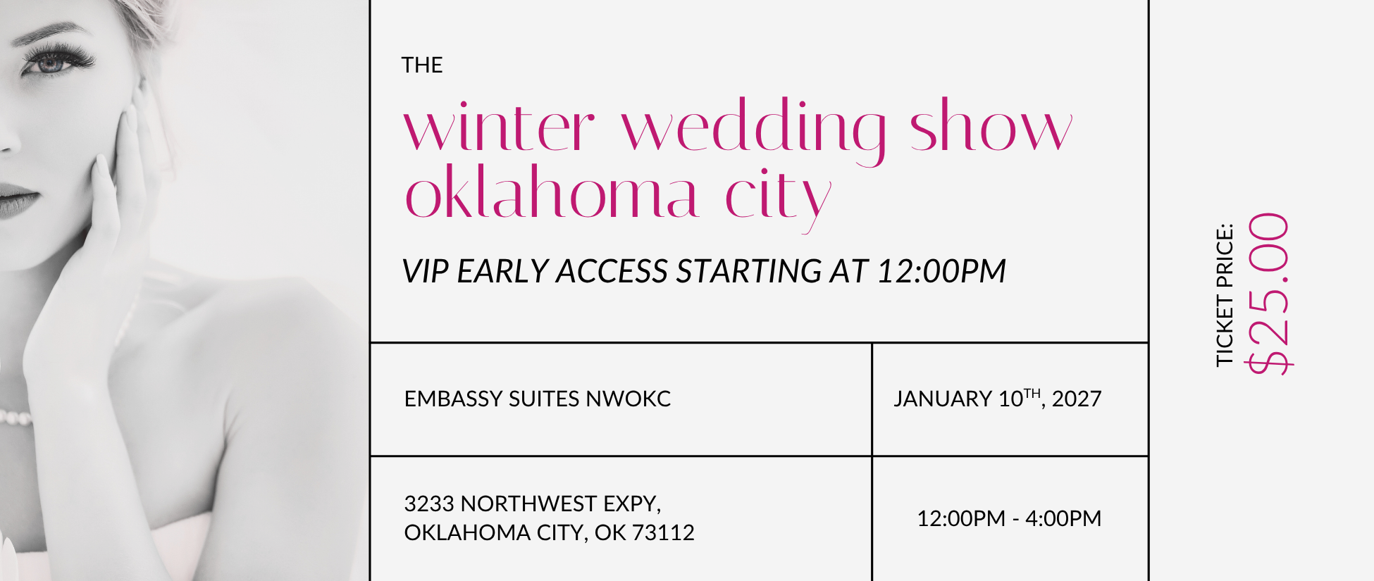 Winter Wedding Show Oklahoma City event flyer featuring a bridal portrait, January 10, 2027, at Embassy Suites NWOKC, with VIP access at noon and $25 tickets.