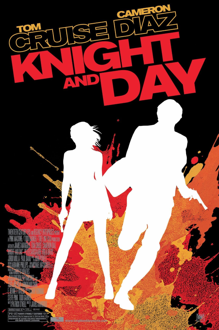 Portada de la película 'Knight and Day', con siluetas blancas de un hombre y una mujer, con fondo de manchas de pintura roja, amarilla y naranja, y texto rojo y naranja con los nombres de los actores y título.