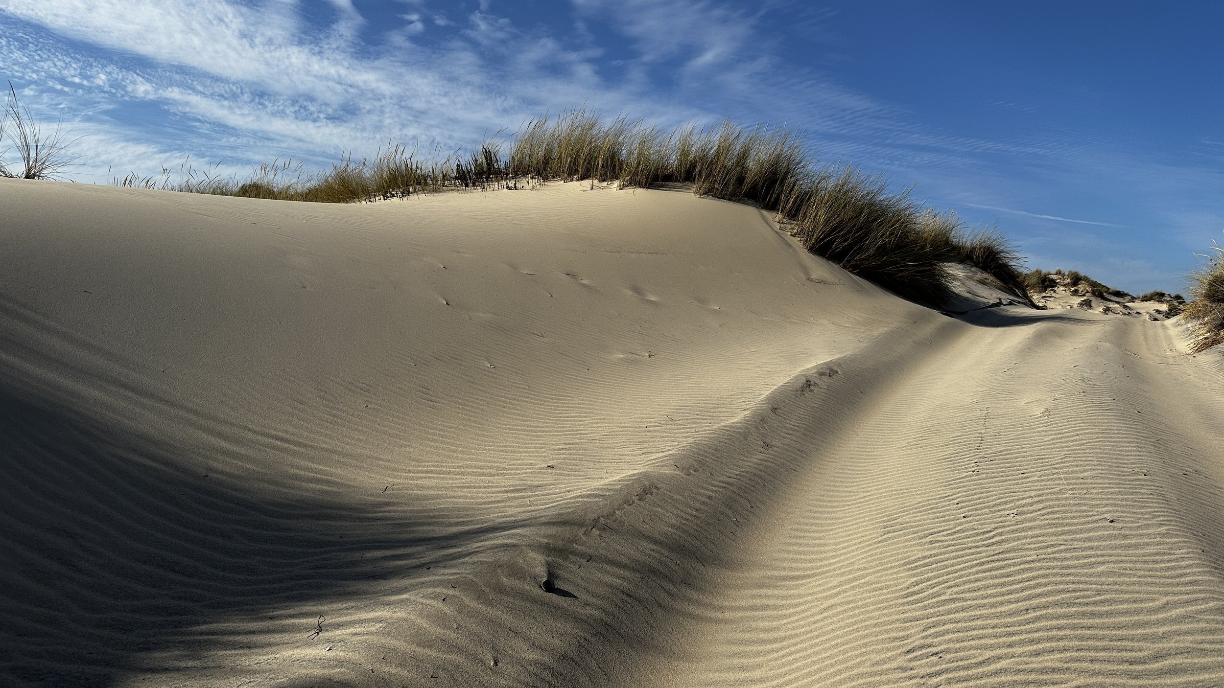 Dunas de arena con hierba en la parte superior y cielo azul con nubes diagonalizadas.