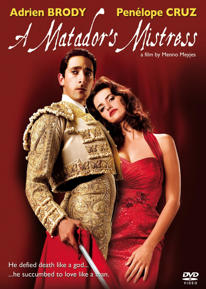 Póster de la película "A Matador's Mistress" con actores en vestimentas elegantes y el título en letras blancas, en un fondo rojo.