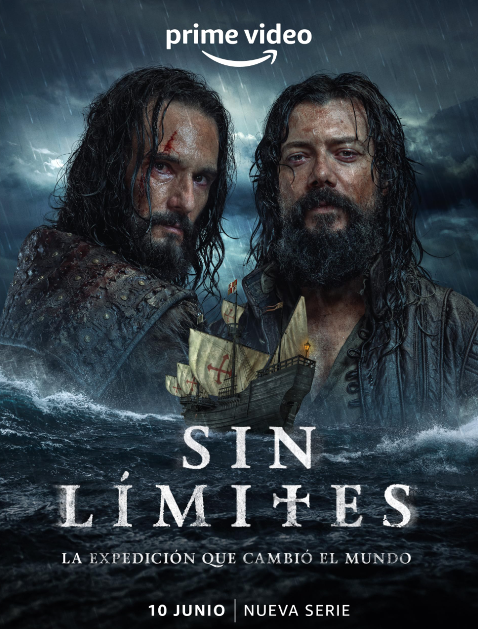 Cartel de la serie 'Sin Límites' con dos hombres barba y cabello largo en una tormenta en el mar, un barco con cruces en las velas y el texto 'La expedición que cambió el mundo' y '10 junio | nueva serie'.