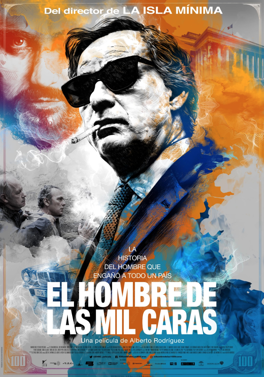 Póster de la película 'El Hombre de las Mil Caras' con una imagen central de un hombre con gafas negras y cigarrillo, fondos con tonos naranjas y azules, y rostros y escenas en segundo plano.