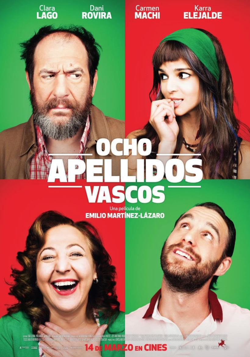 Cartel de la película 'Ocho Apellidos Vascos' con cuatro personajes, dos en la parte superior y dos en la parte inferior, con fondos verdes y rojos, incluyendo nombres de actores y fecha de estreno.