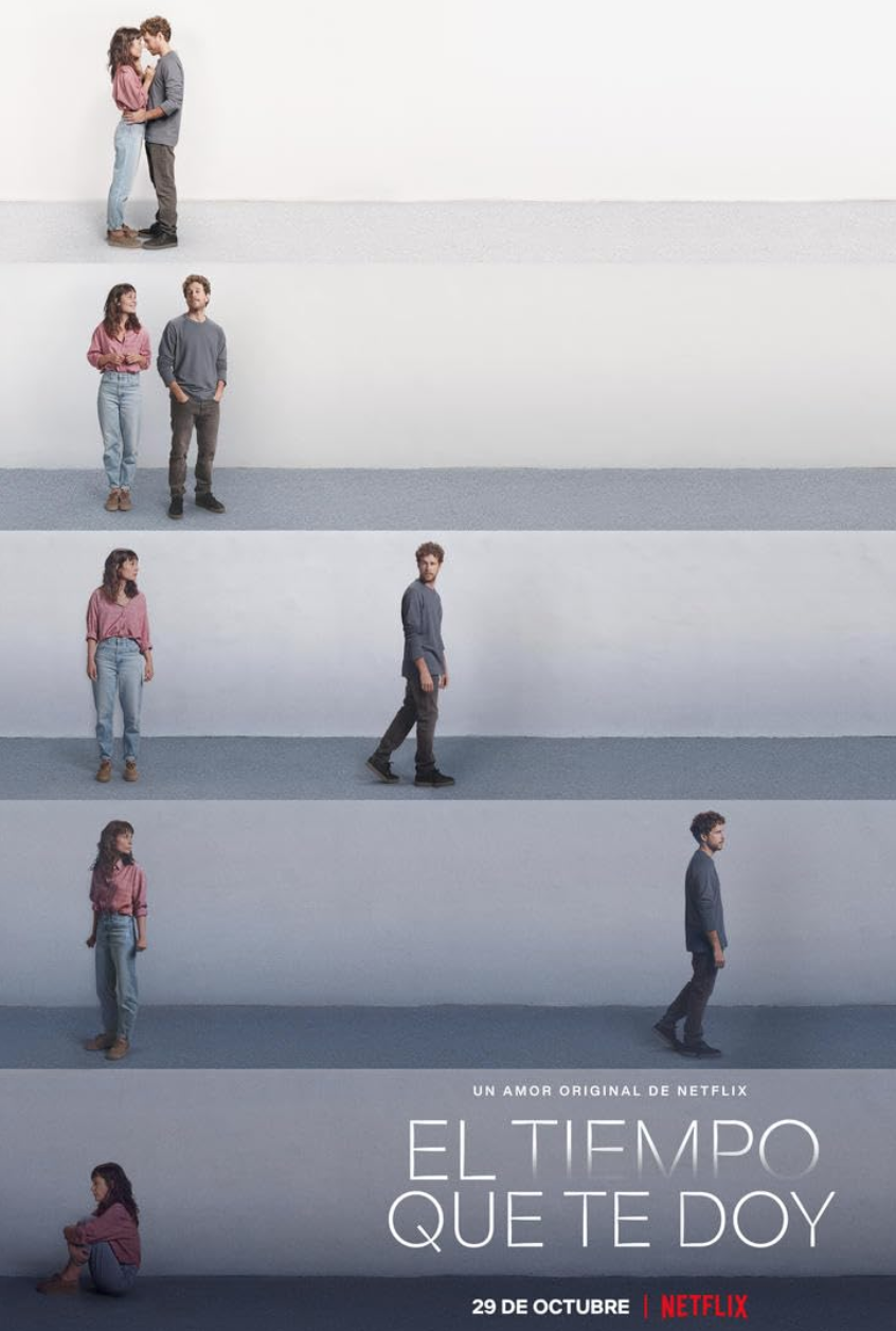 Póster de la serie 'El tiempo que te doy' con dos personajes masculinos y una femenina en diferentes posiciones y expresiones, fondo minimalista en tonos grises y blancos.