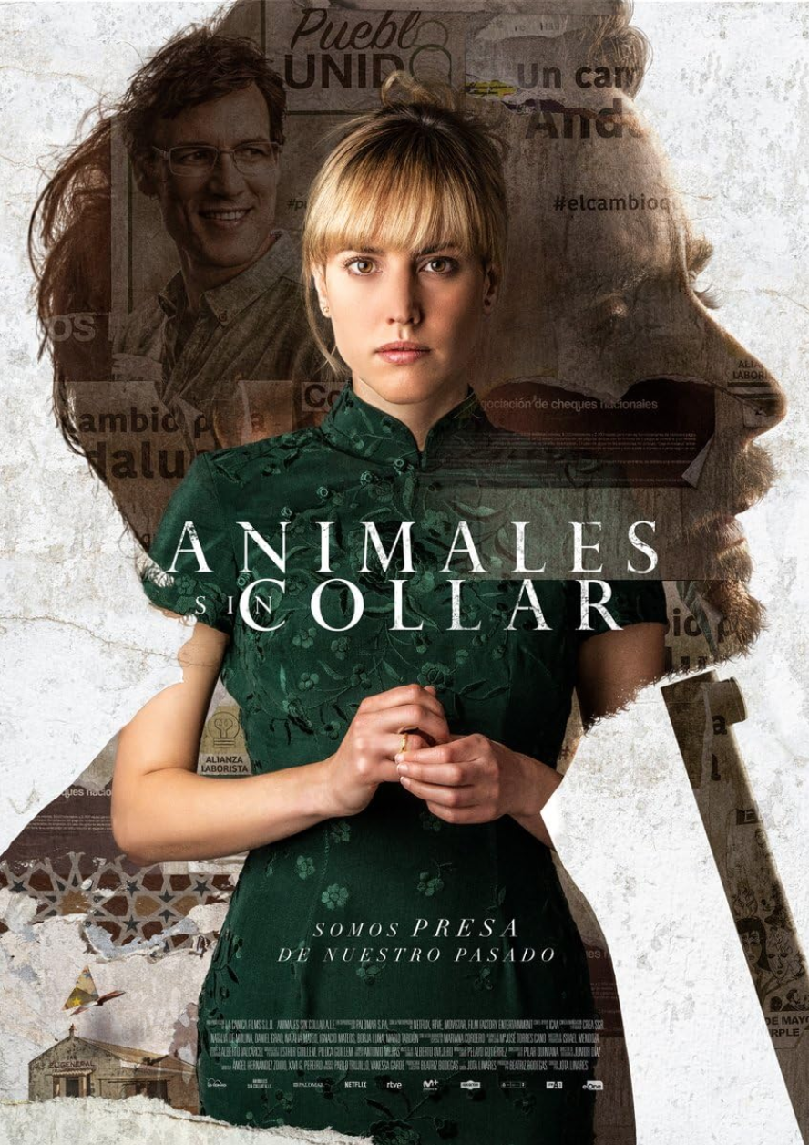 Cartel de la serie 'Animales Sin Collar' con una mujer en primer plano, fondo con silueta de un perro y recortes de periódicos relacionados.