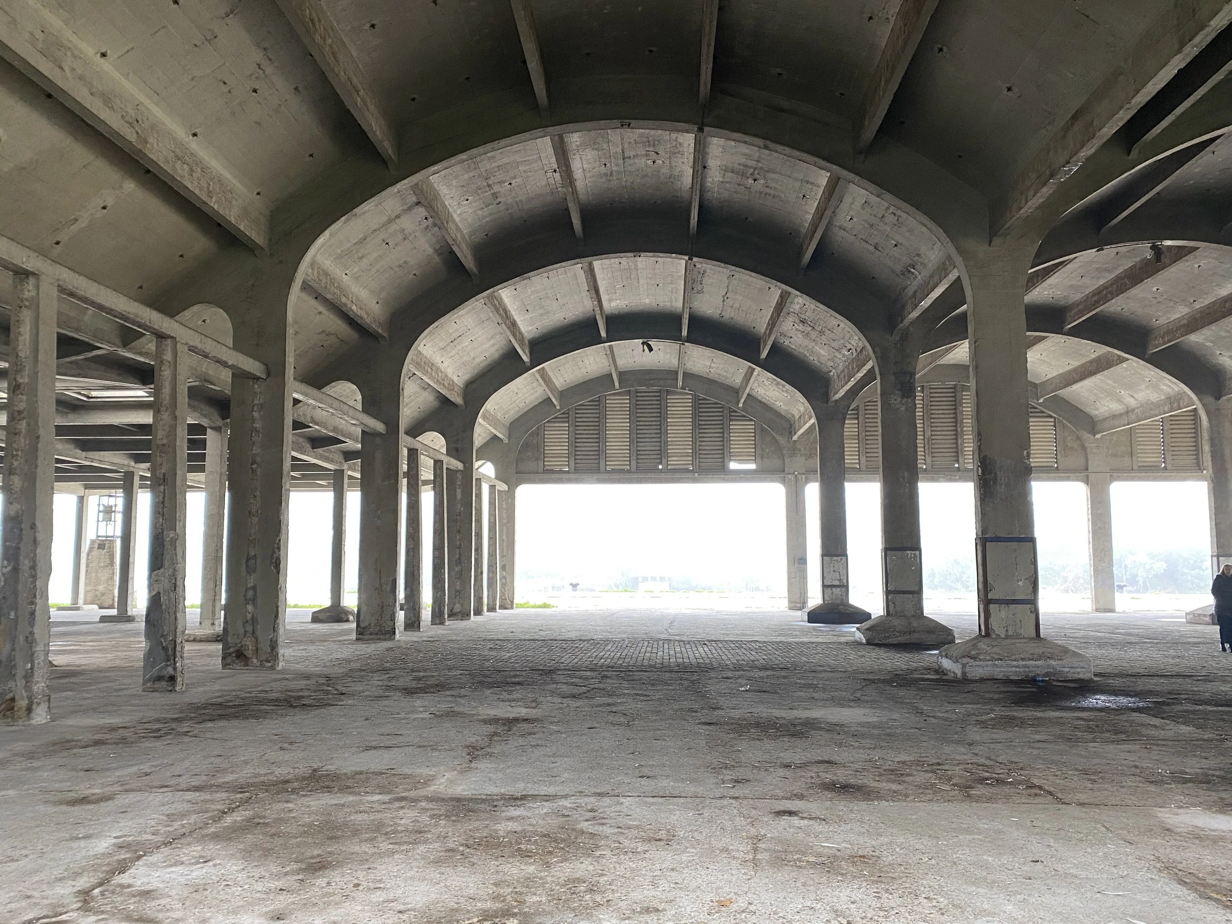 Interior de un edificio en construcción con techo curvo de concreto y columnas de concreto.