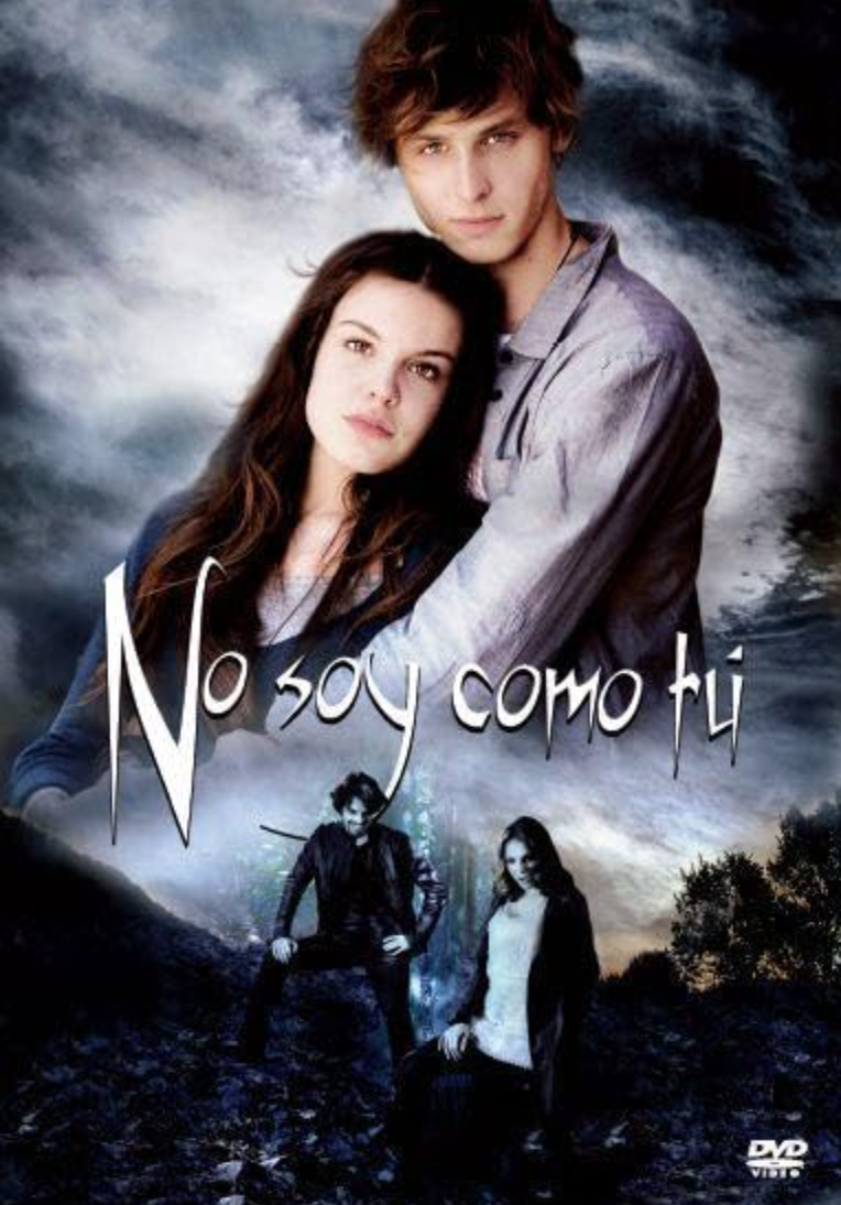 Portada de una película llamada 'No soy como tú'. En la parte superior, un joven con cabello castaño claro y una joven con cabello largo y oscuro están juntos, con una tormenta de fondo. En la parte inferior, dos personajes, un hombre con barba y un 