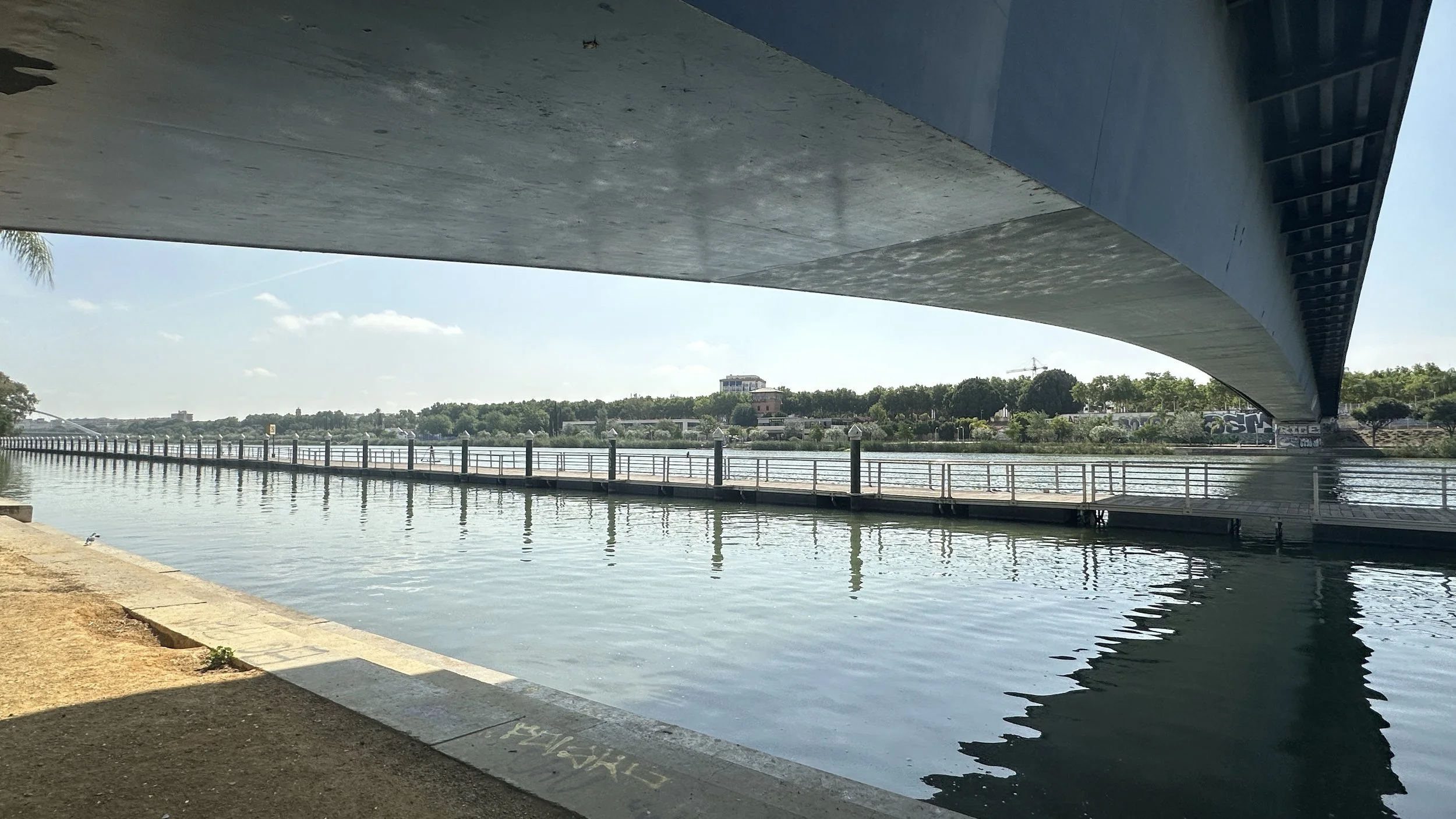 Puente sobre un río visto desde abajo, con muelle de madera y ciudad en el fondo, día soleado.