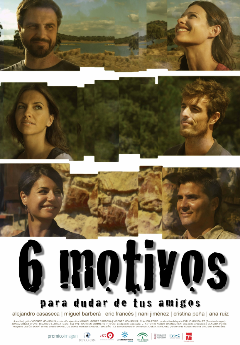 Cartel con fotos de seis personas, tres en la parte superior, dos en el centro, una en la parte inferior. Texto que dice "6 motivos para dudar de tus amigos" y una lista de nombres abajo.