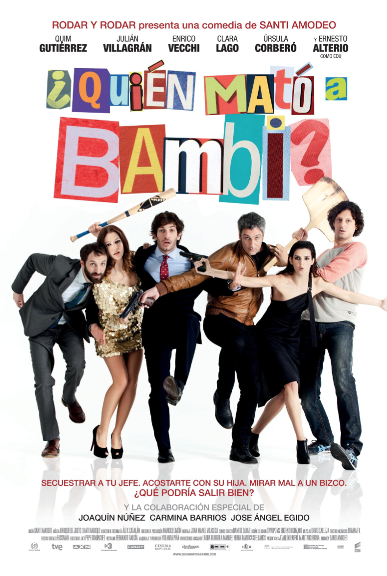 Cartel de la película cómica '¿Quién mató a Bambi?', con un grupo de personas haciendo poses dramáticas y sosteniendo armas. Título con letras de colores y actores en la parte superior.