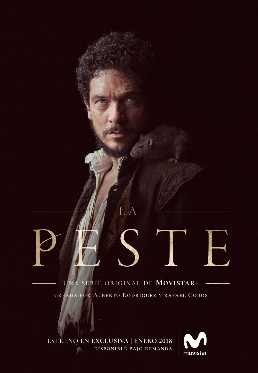 Póster de la serie 'La Peste' con un hombre con barba y cabello rizado y un ratón sobre su hombro izquierdo.