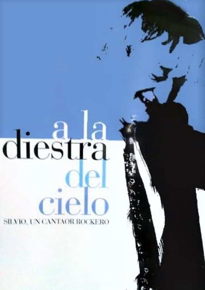 Portada del libro 'A la deriva del cielo' de Silvio, un cantador rockero, con ilustración de un rostro y una guitarra en tonos azules y negros.