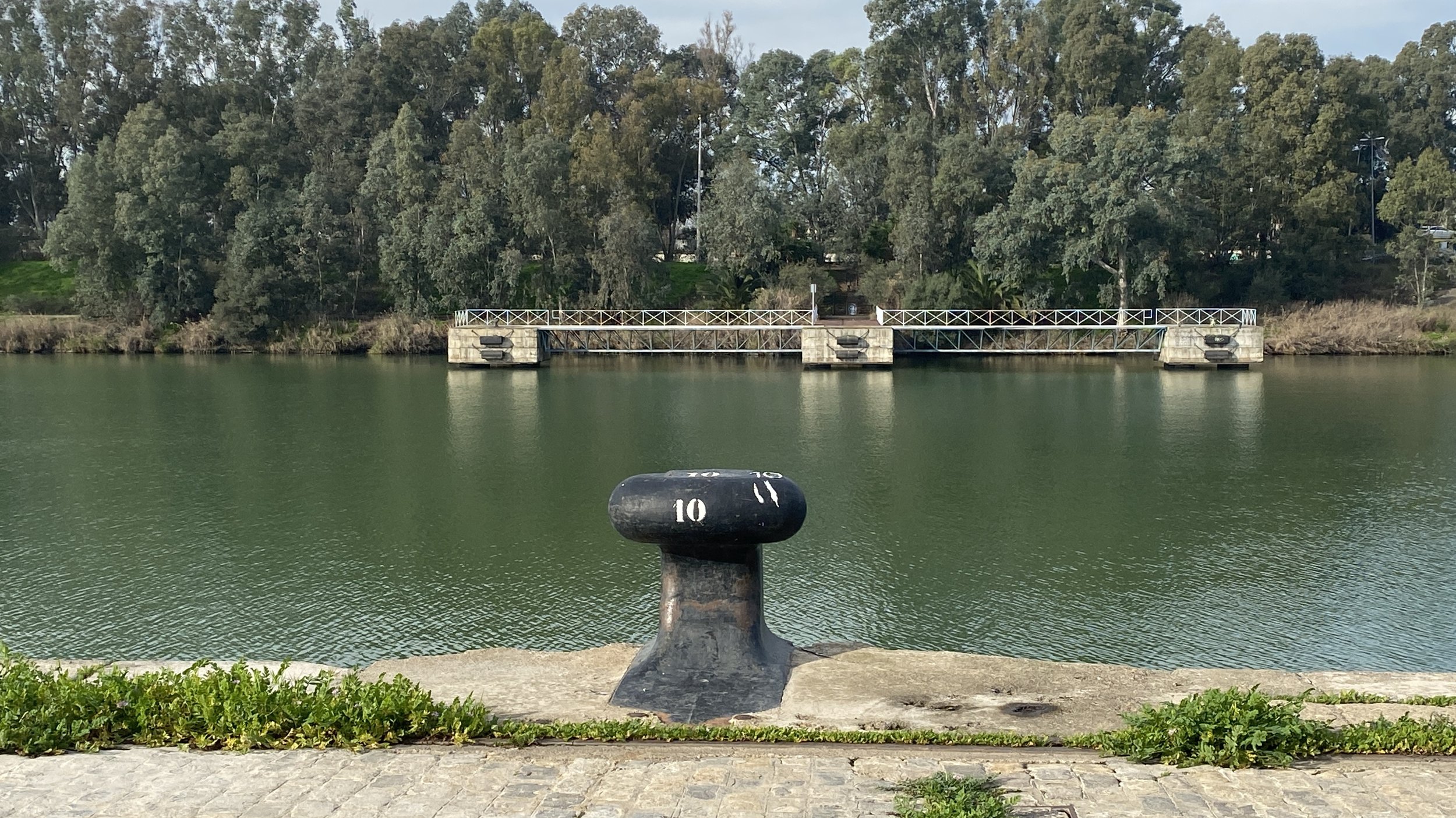 Vista de un río con un muelle de madera y alambrado en el fondo, rodeado de árboles y vegetación, con un poste de amarre en primer plano.