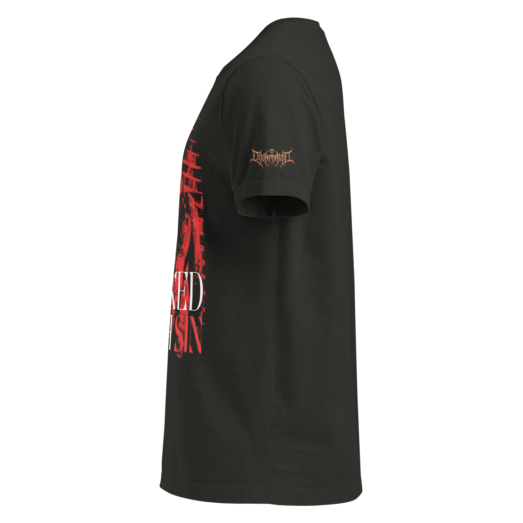 Marked with Sin Unisex Oversized T-Shirt from the Marked with Sin x DoomForged collection featuring bold dark fantasy culture inspired design of masked man for dark romance. Side View.