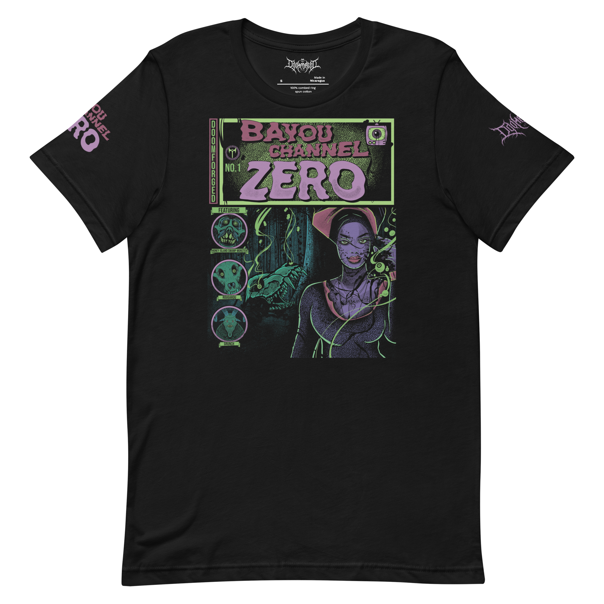 Bayou Channel Zero Unisex T-Shirt featuring a bold dark fantasy retro horror inspired design of Louisiana Folklore in an alternative culture style. Front View.