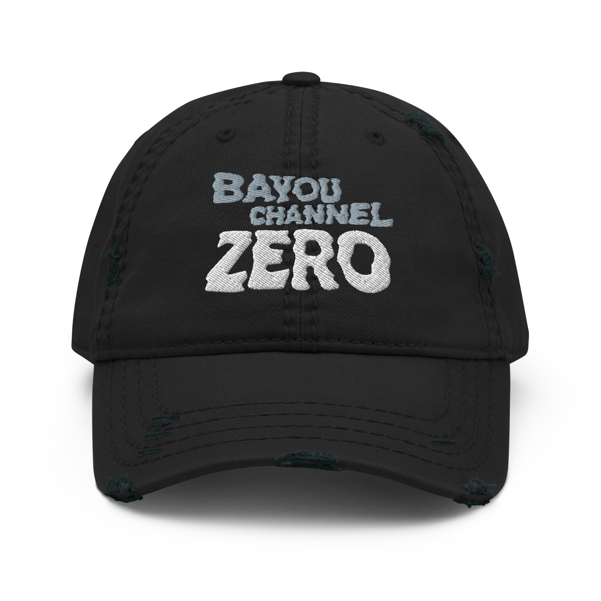 Bayou Channel Zero Distressed Dad Hat featuring a bold dark fantasy retro horror inspired design of Louisiana Folklore in an alternative culture style. Front View.