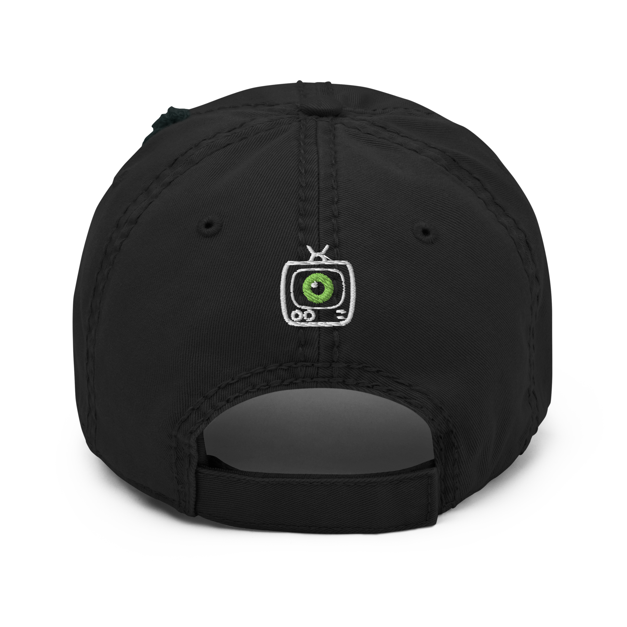 Bayou Channel Zero Distressed Dad Hat featuring a bold dark fantasy retro horror inspired design of Louisiana Folklore in an alternative culture style. Back View.