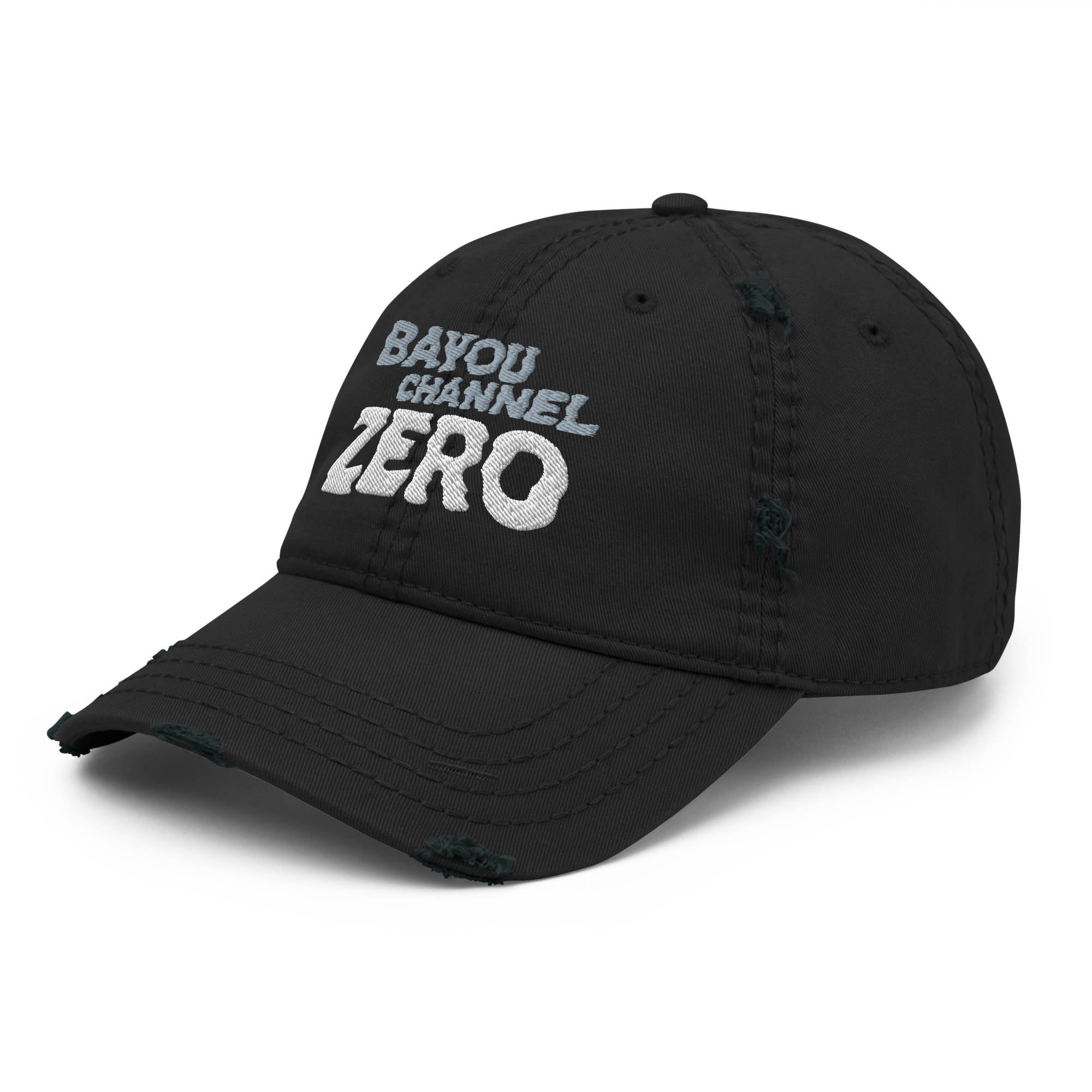 Bayou Channel Zero Distressed Dad Hat featuring a bold dark fantasy retro horror inspired design of Louisiana Folklore in an alternative culture style. Side View.