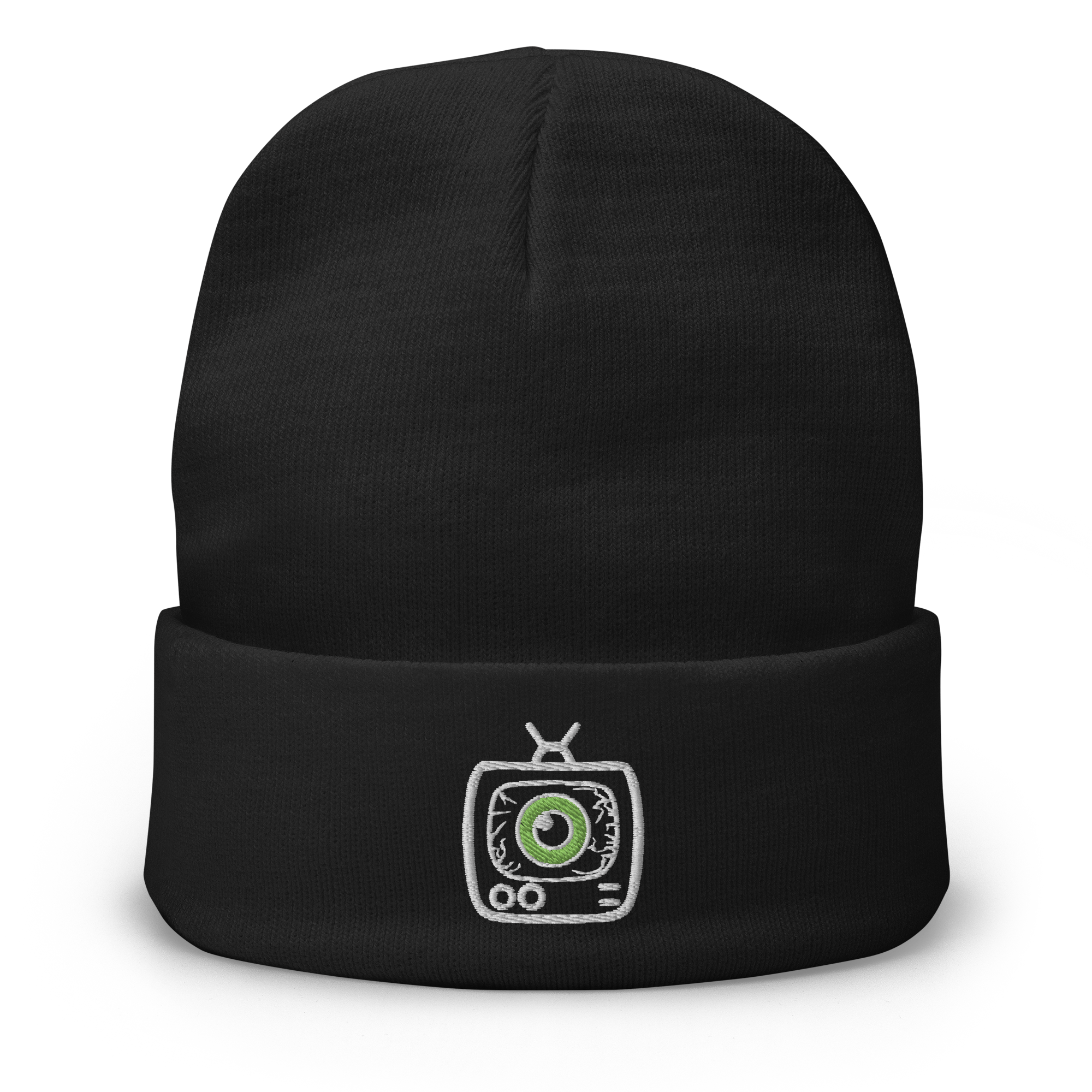 Bayou Channel Zero Knit Beanie featuring a bold dark fantasy retro horror inspired design of Louisiana Folklore in an alternative culture style. Front View.