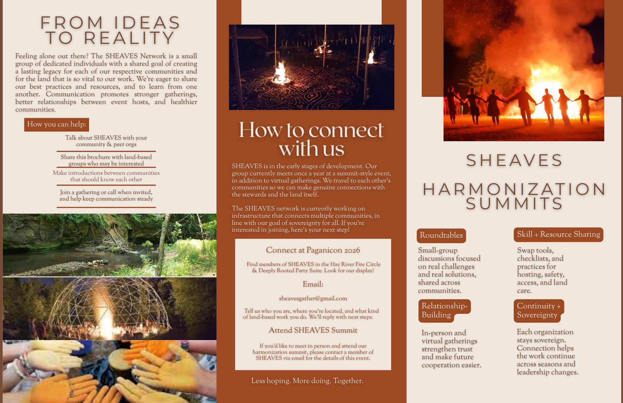 Three images on a brochure page for SHEAVES network: top center shows a fire circle on a patterned ground at night, top right shows a group of people holding hands around a large bonfire at night, bottom left shows a natural creek with green foliage and a geodesic dome with a fire inside, bottom center shows several hands stacked together with some orange gloves.