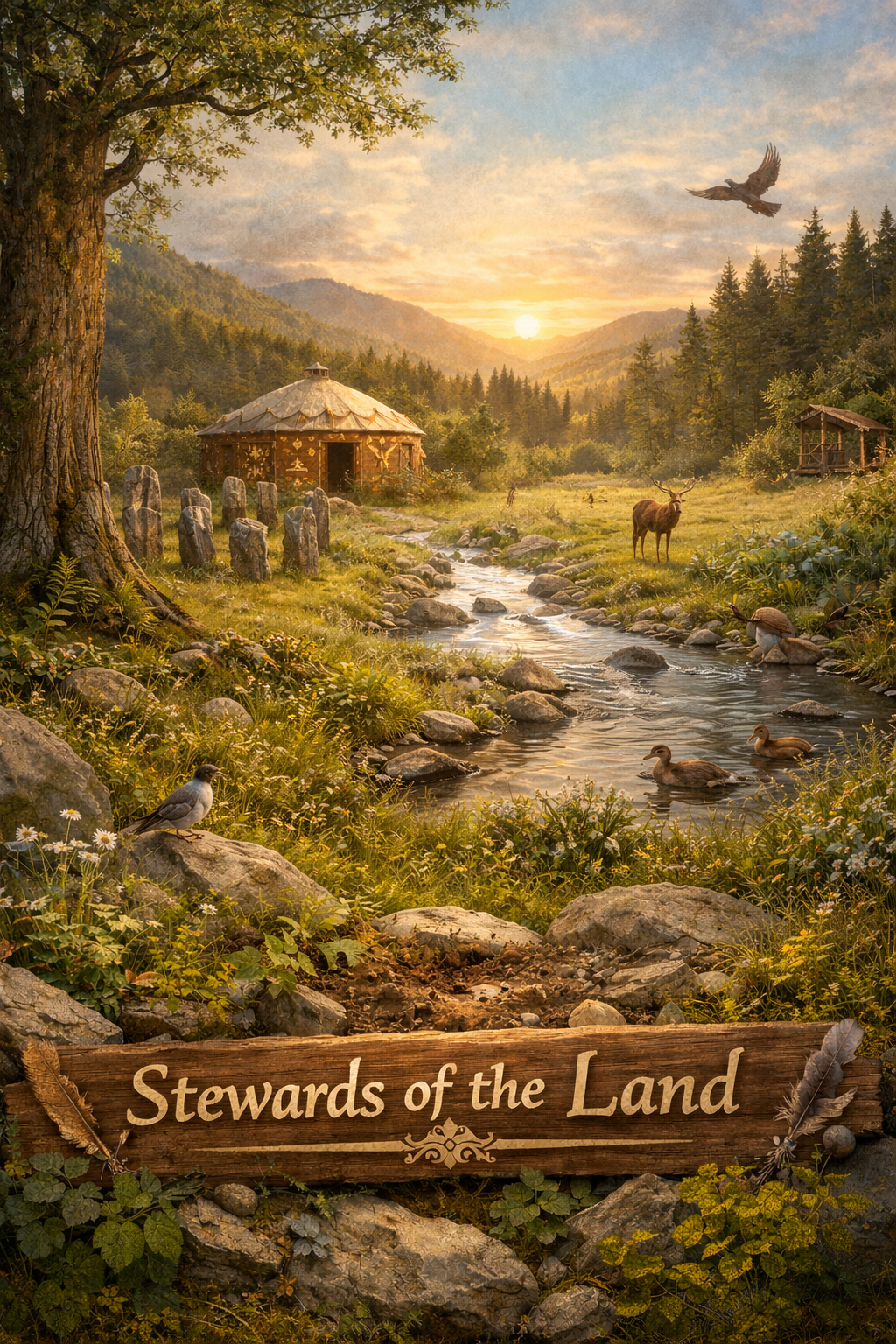 A picturesque landscape of a forested valley at sunset with a small stream, wildlife including ducks, a moose, a turtle, birds, and a sign that reads 'Stewards of the Land' in the foreground.