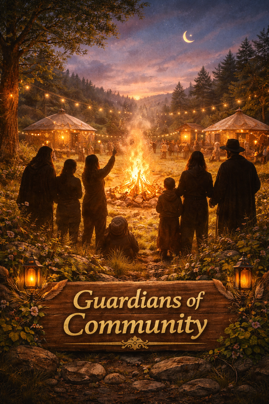 A group of people gathered around a campfire in a forest clearing at dusk, with string lights, two small cabins, and a sunset with a crescent moon and stars in the sky. The scene has a warm, magical atmosphere and is titled "Guardians of Community."