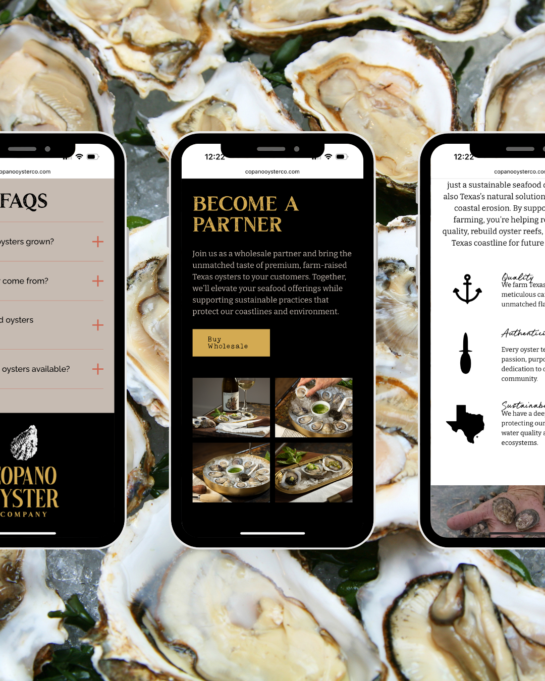 Three mobile phones displaying a seafood company's website, with a background of freshly shucked oysters on ice.