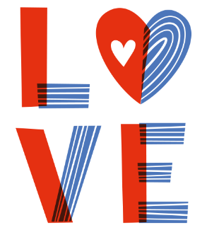 Word art spelling 'LOVE' with the letter 'O' replaced by a red heart with a white heart symbol inside, and the letters styled in red and blue with striped patterns.