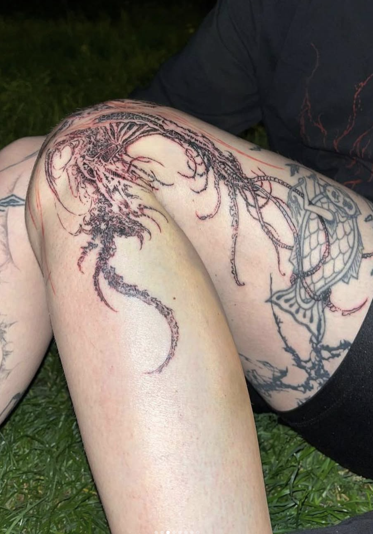 Tattoo eines Drachen auf dem Oberschenkel einer Person. Der Drache ist detailliert und umgibt einen stilisierten Käfer. Die Person liegt auf dem Gras.