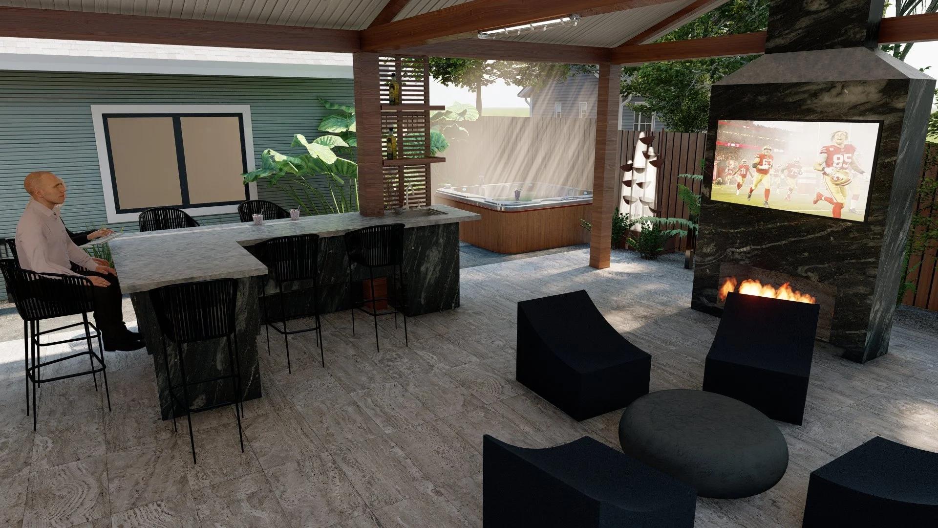 Modern outdoor patio with a man sitting at a marble bar, a hot tub in the background, a wall-mounted TV showing football game, a fireplace, and minimalistic black chairs and tables.