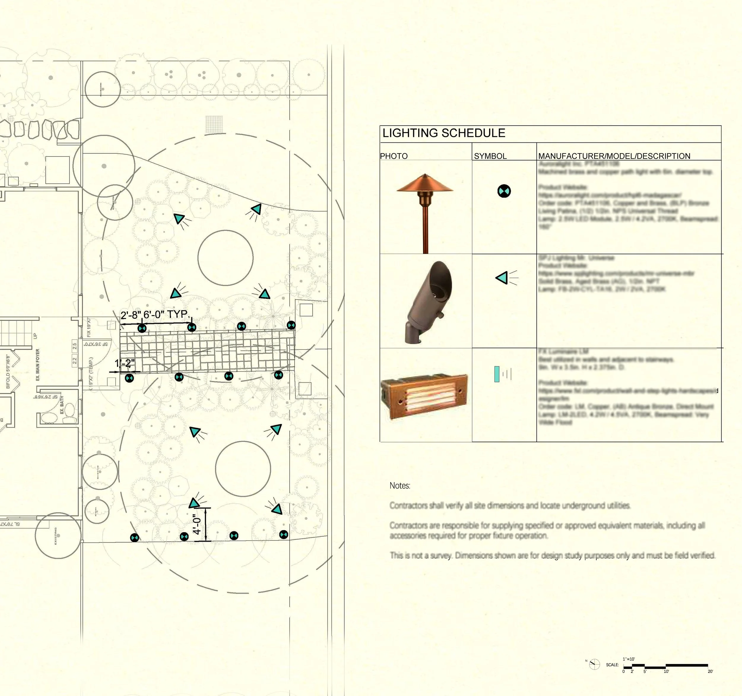 Landscape architectural plan showing layout of outdoor lighting, pathways, and plantings with a lighting schedule table on the right side detailing fixtures such as a lamp post, ground-mounted lights, and wall-mounted fixtures.