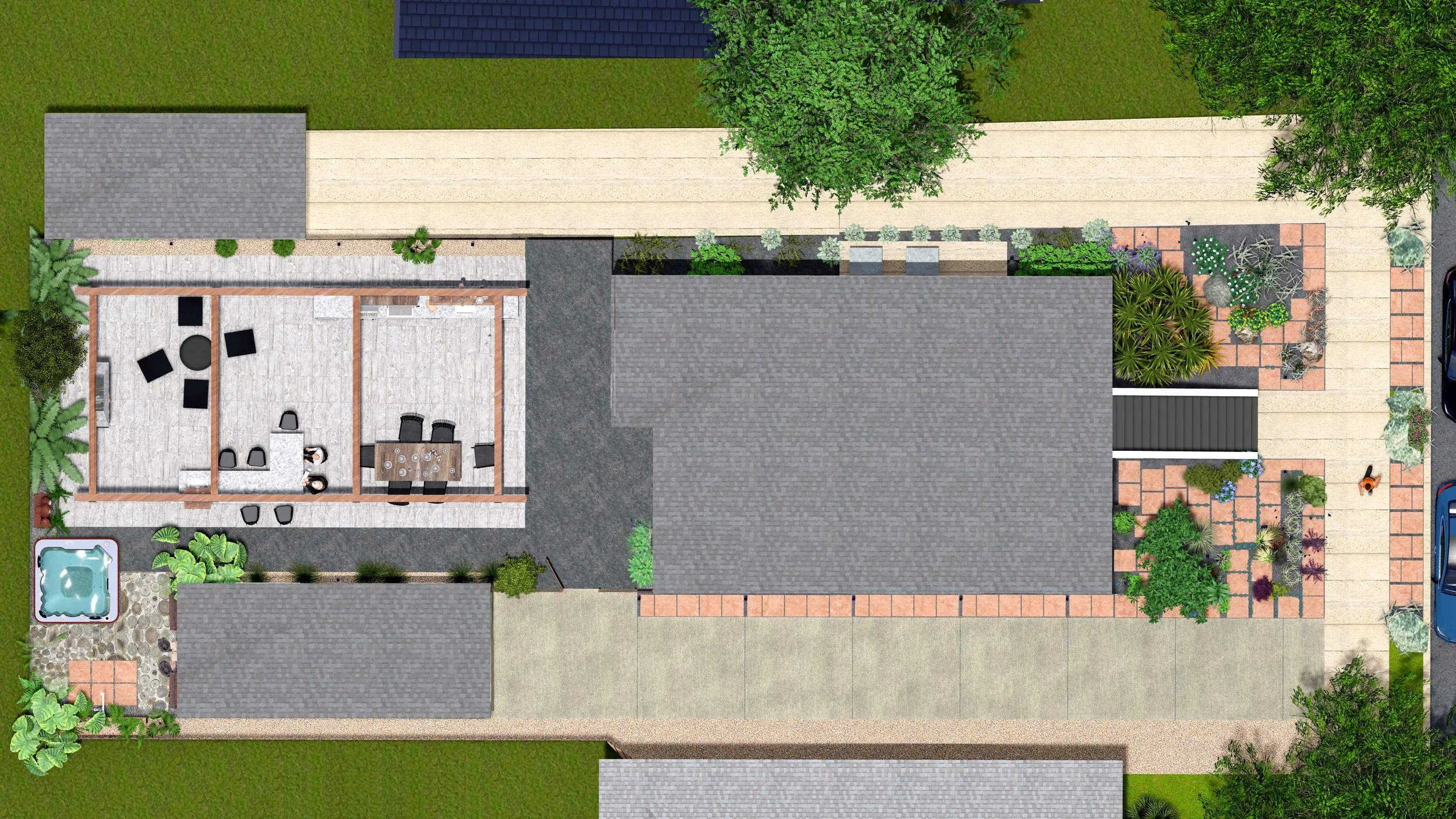Overhead view of a backyard with a two-story room, a hot tub, a paved patio area with outdoor furniture, a garden with plants and trees, a garage, and a driveway with a parked car.