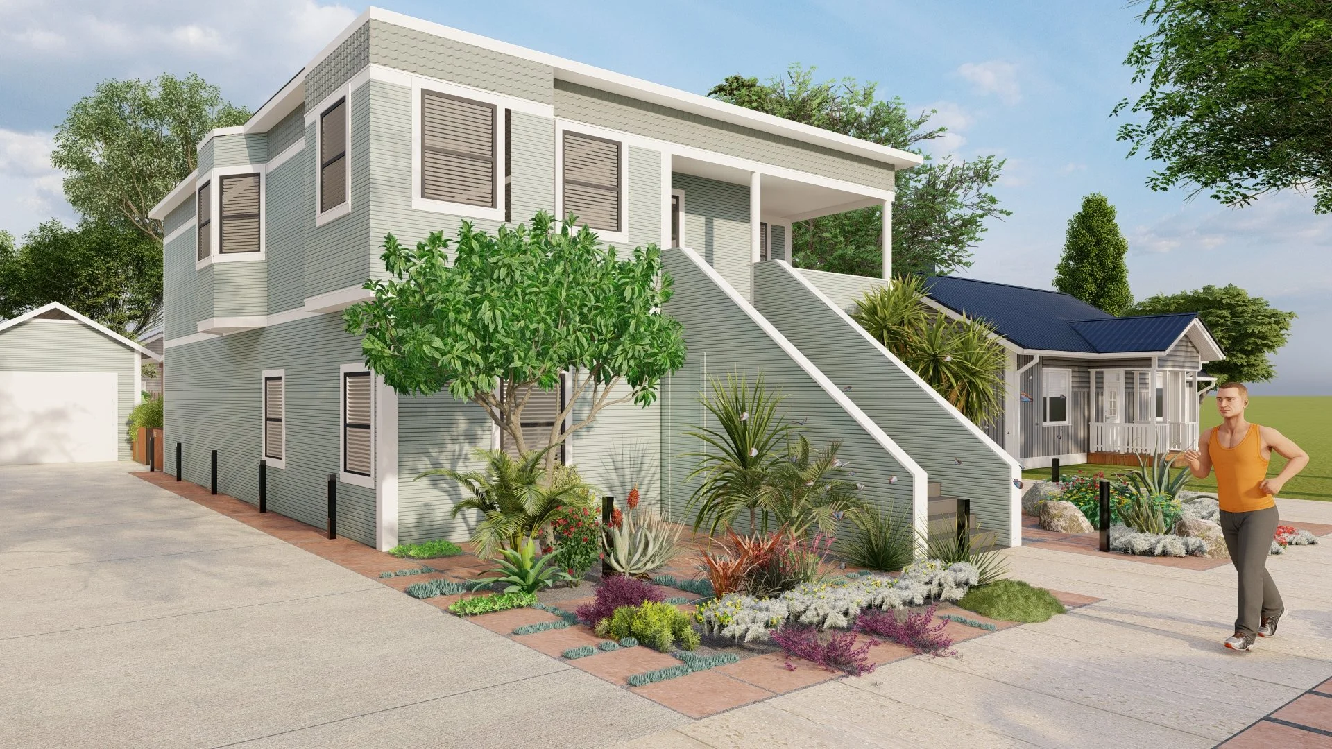A modern two-story house with a light gray exterior, multiple windows with shutters, and a front staircase leading to a porch, surrounded by landscaped gardens with various plants, trees, and rocks, and a man jogging in the foreground.