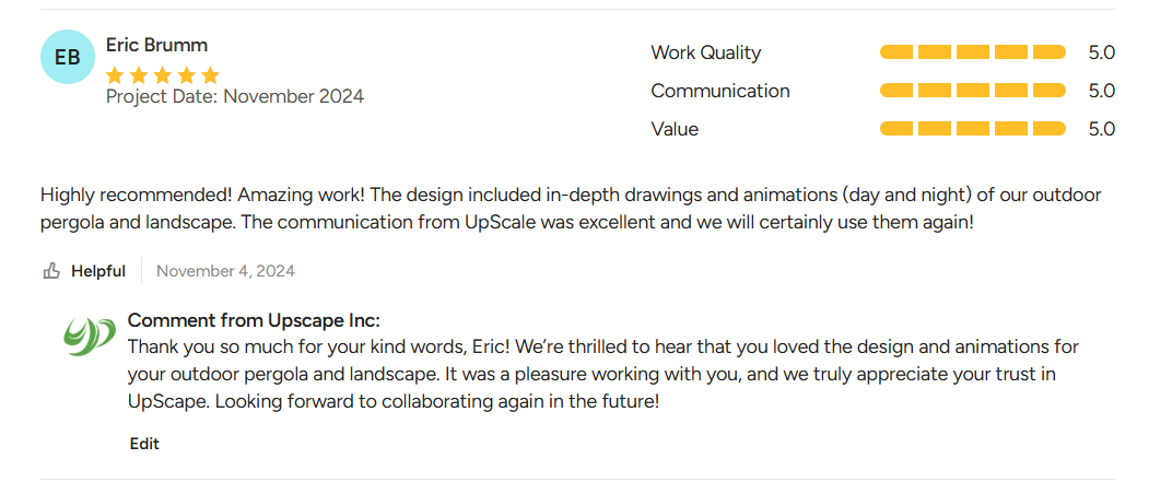 Customer review from Eric Brumm with 5-star ratings for work quality, communication, and value, dated November 4, 2024, praising the design of outdoor pergola and landscape, with comment from Upscape Inc. thanking Eric and expressing eagerness to collaborate again.