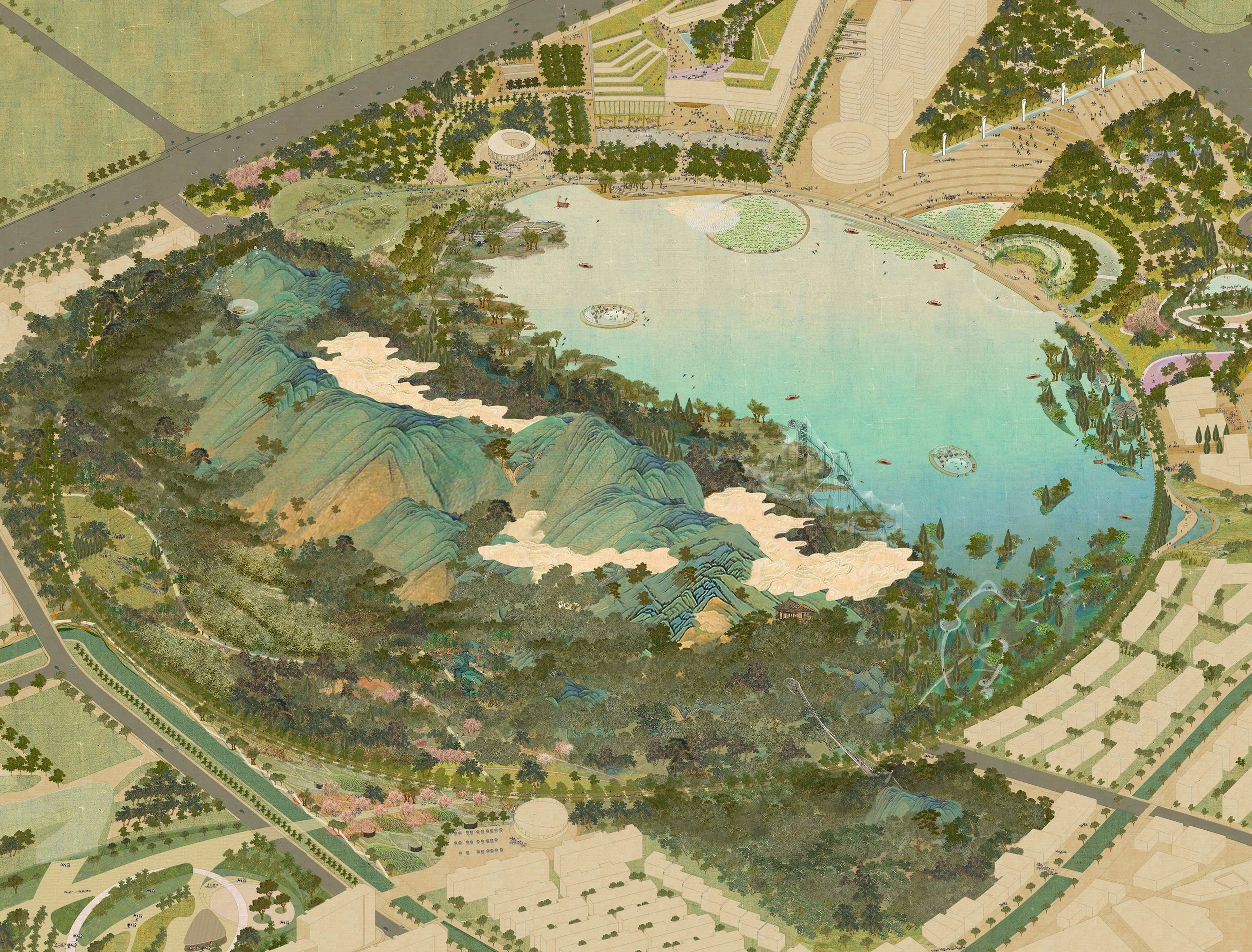 An aerial view of a large park with a lake, mountains, waterfalls, boats, trees, pathways, and various landscaped areas.