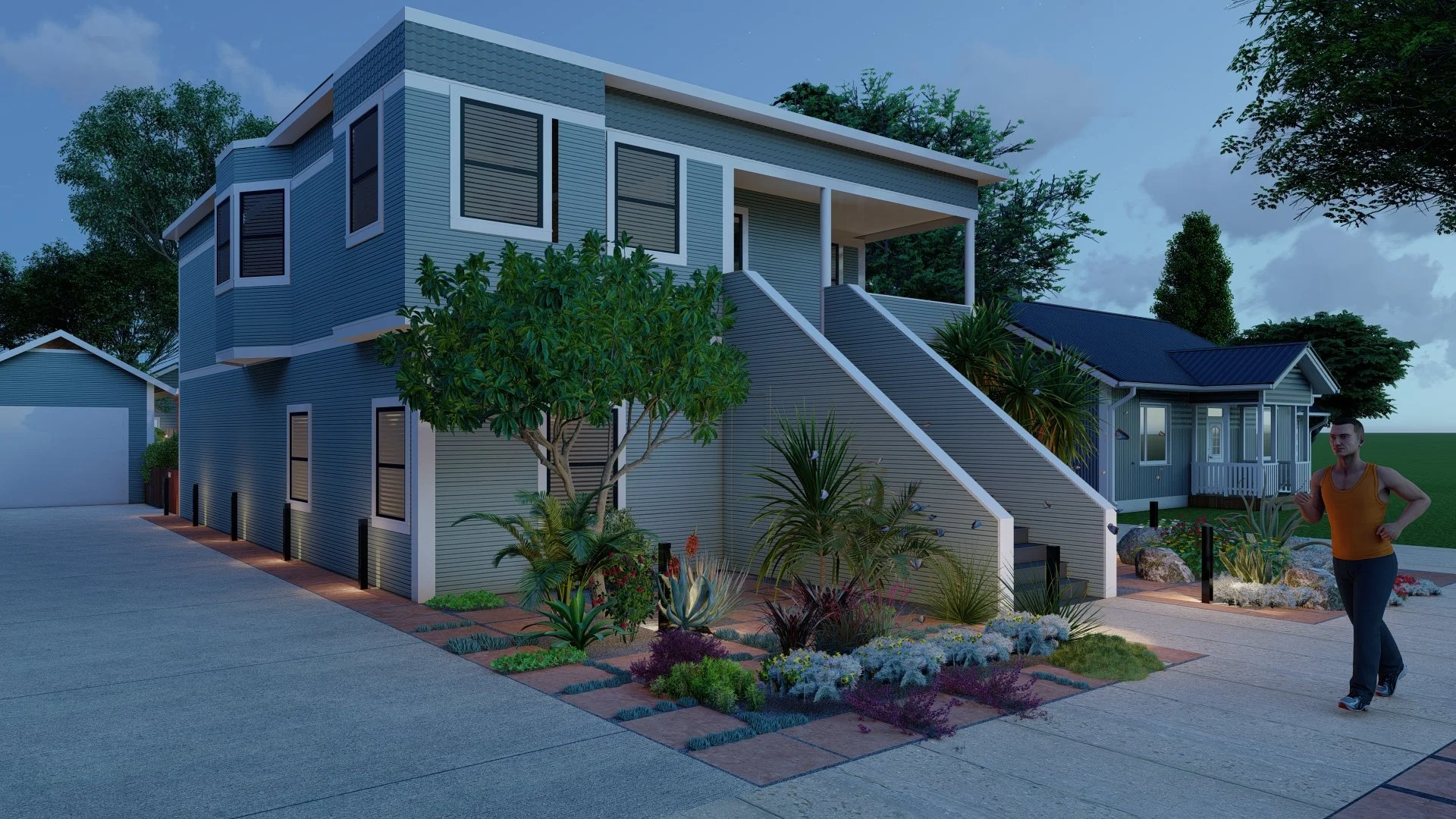 A modern two-story house with exterior stairs leading to a covered balcony, surrounded by landscaped garden with various plants and a man jogging on the sidewalk in front, during dusk.