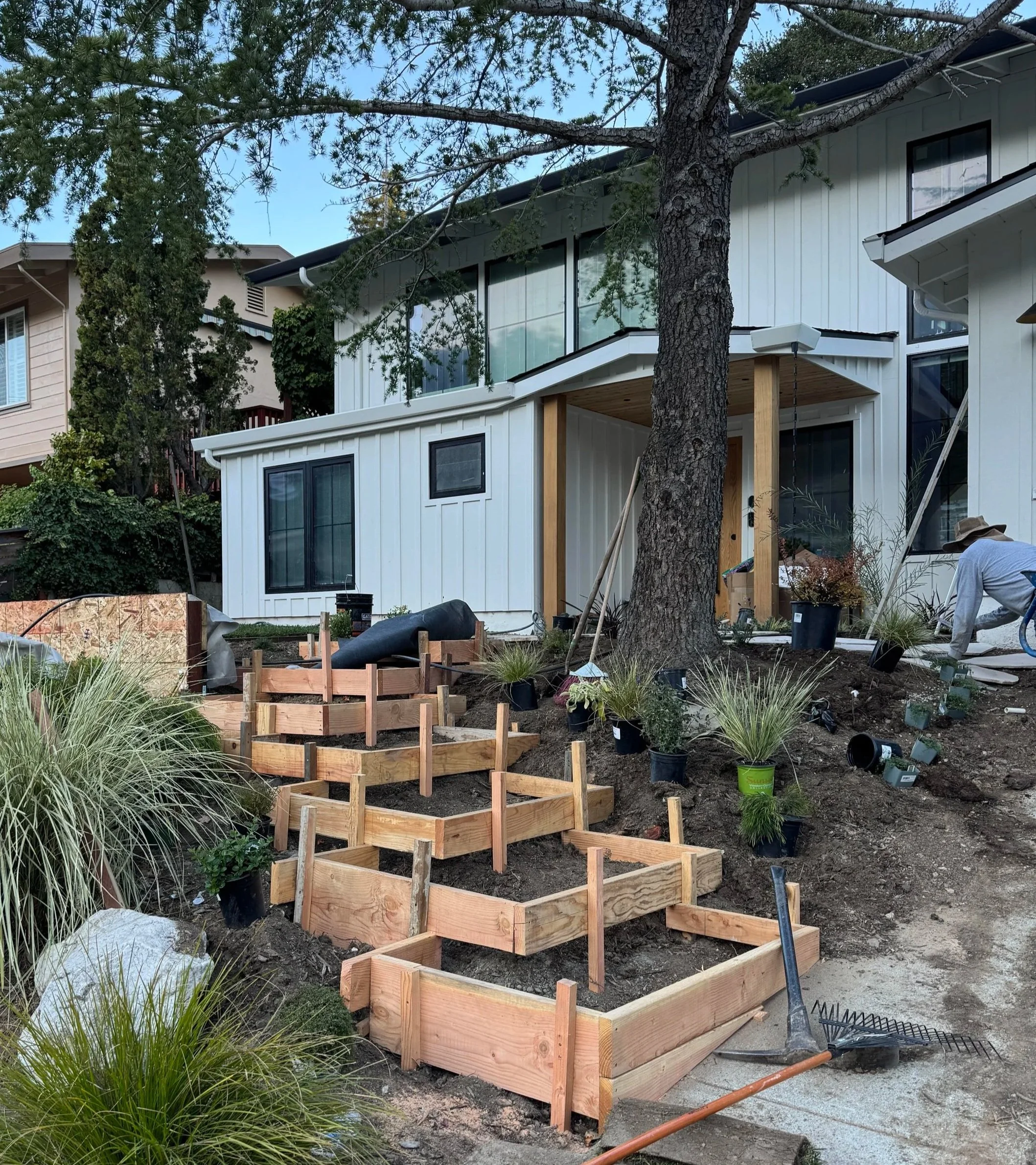 Construction of a garden or landscape feature with wooden frames and plants in pots in front of a white house with large windows. A worker in a hat is working on the right side of the image, and there are construction tools and materials around.