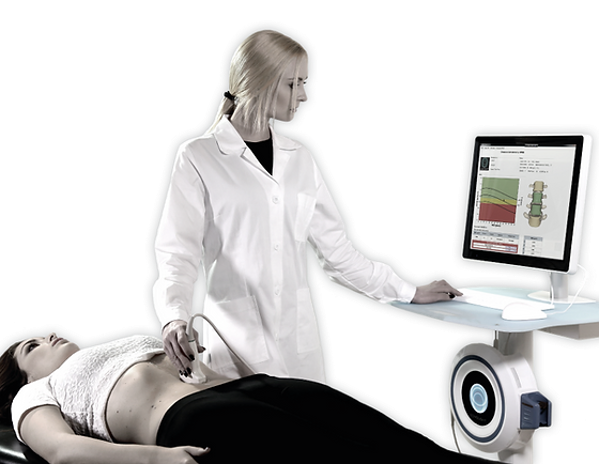 A woman in a white lab coat performing a radiation-free ultrasound based bone-scan on a patient lying on a medical table, with a monitor displaying medical data.