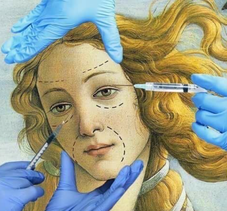 Art restoration process with syringes and gloved hands working on a classical painting of a woman's face with flowing hair.