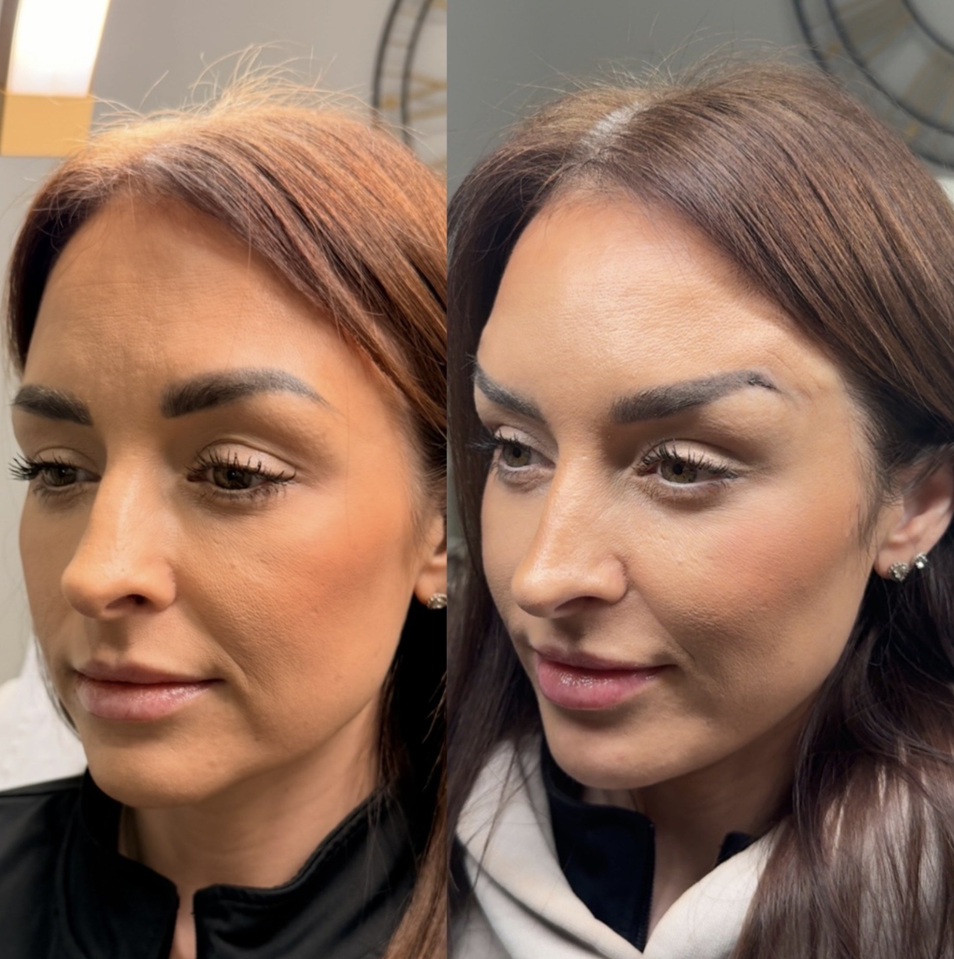 Side-by-side comparison of a woman with different hair colors, one with reddish-brown and the other with dark brown hair, in a well-lit indoor setting.