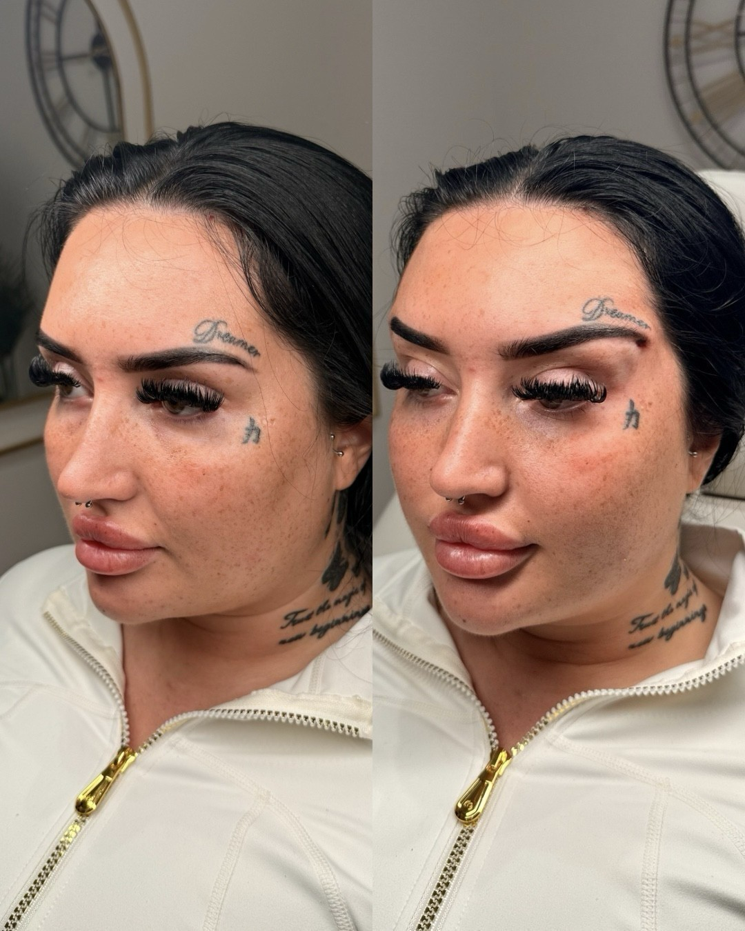 Before and after photos of a woman with makeup and tattoos.